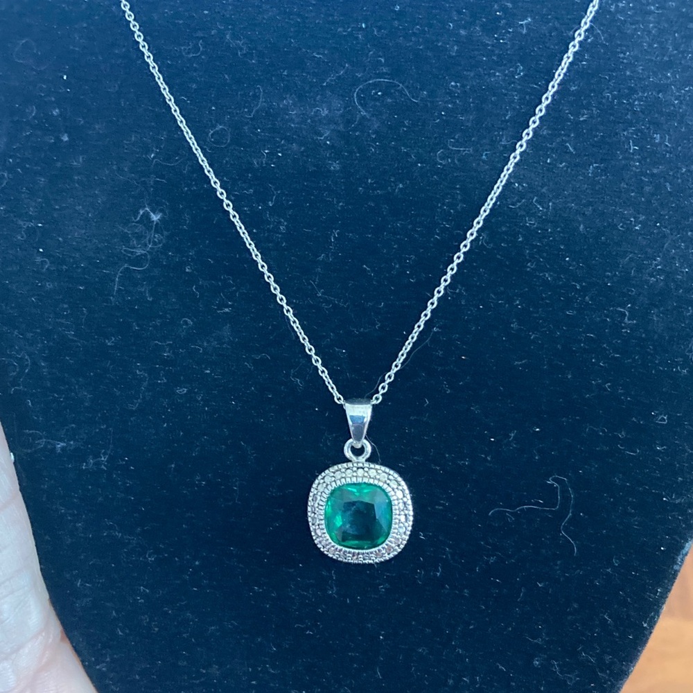 Silver Necklace with Green Gemstone Pendant